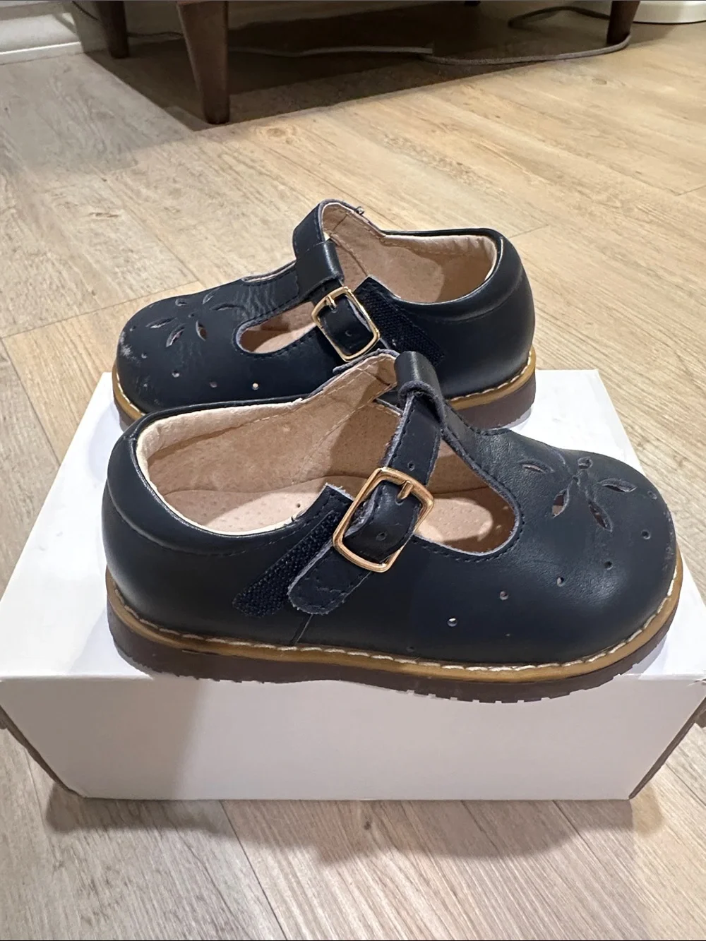 Girls Navy T-Strap Dress Shoes with Floral Cutouts